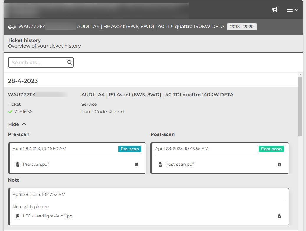 Ticket history Jifeline Remote Diagnostics